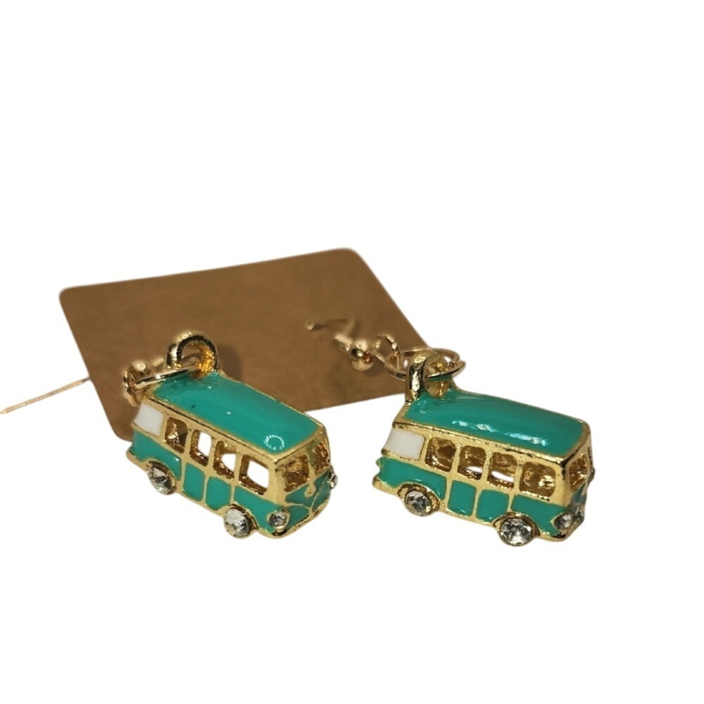 Gold and Teal Hippie Bus‎ Earrings